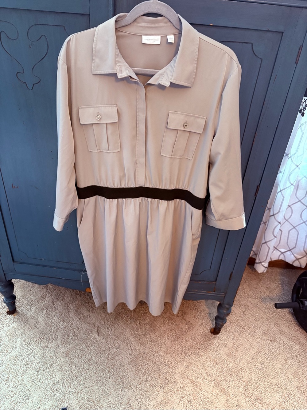 New York & Company Gray/Taupe Midi Shirt Dress with Black Waistband Accent